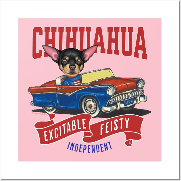 Funny and Cute Chihuahua dog driving a vintage classic retro car with red white and blue banner tee Wall Art by Danny Gordon Art